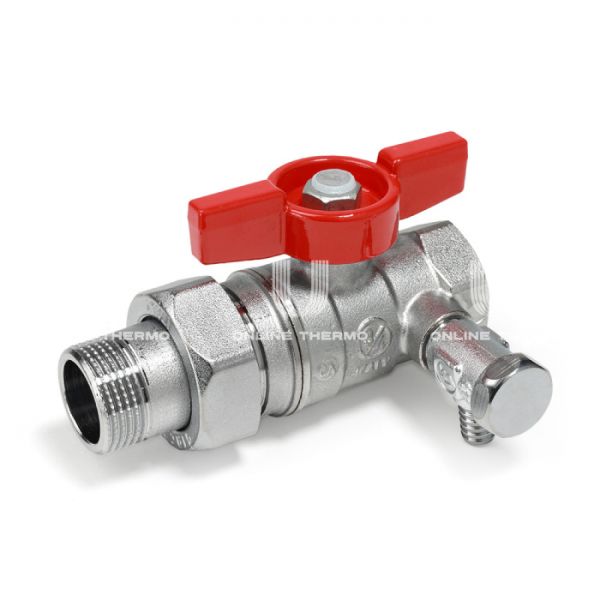Кран шаровый с разъемным соединением Giacomini R259SX006 3/4x1" ВР-НР, с заглушкой 1/4" и дренажным вентилем, ручка-бабочка