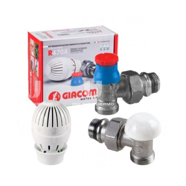 Комплект Giacomini R470AX003 из термостатического и запорного клапанов и термоголовки 1/2" НР, угловой, хром, без преднастройки