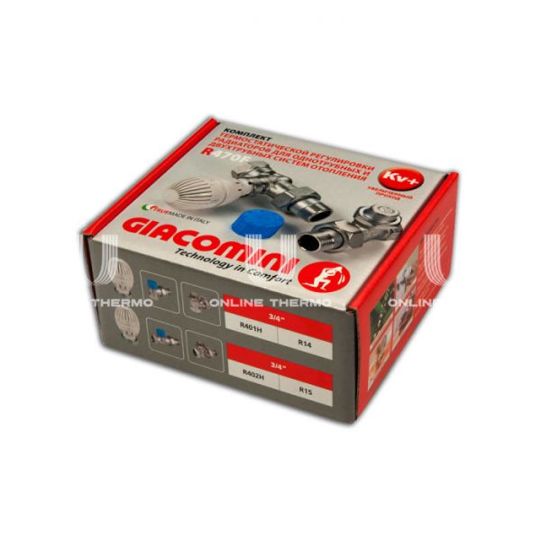 Комплект Giacomini R470FX054 из термостатического и запорного клапанов и термоголовки 3/4" ВР-НР, угловой, хром, без преднастройки