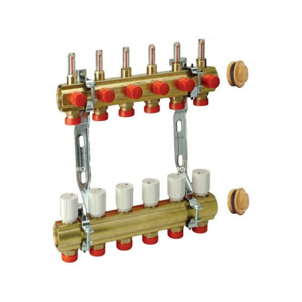 Распределительный коллектор (группа) с расходомерами Giacomini R553KY062 ВР 1", на 2 контура 3/4" EK, латунь