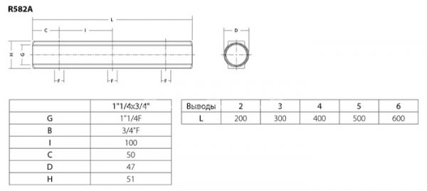 Нерегулирующий проходной коллектор (гребенка) Giacomini R582AY006, 1 1/4" ВР, на 6 контуров, 3/4" ВР, латунь