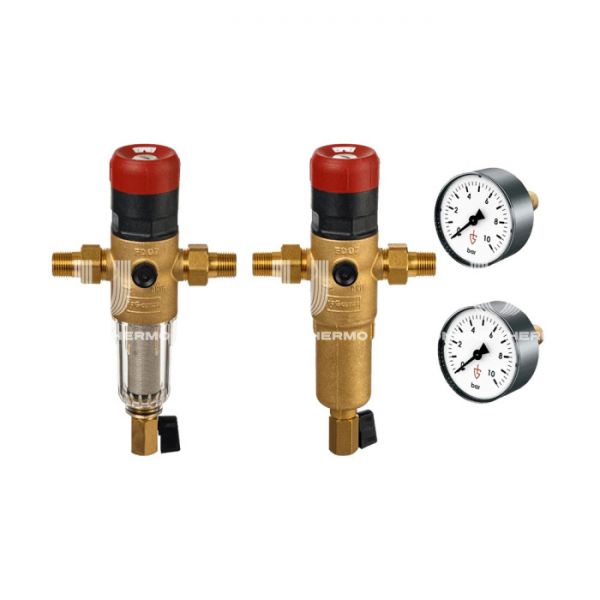 Набор из двух промывных фильтров Goetze FD07-3/4С+H GTZFIN010 с редуктором давления, для холодной и горячей воды, с манометрами