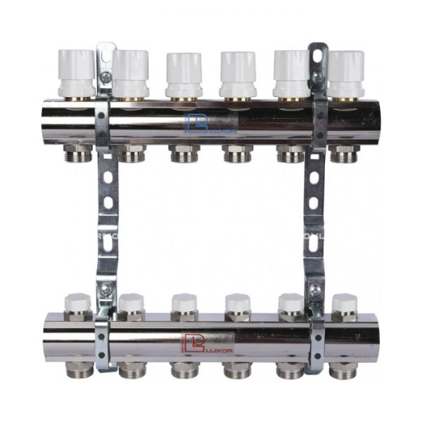 Распределительный коллектор (группа) для отопления Luxor 15552706MN ВР 1", на 6 контуров 3/4" EK, никелированный