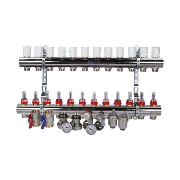Распределительный коллектор (группа) с расходомерами Luxor 15652712MN ВР 1", на 12 контуров 3/4" EK, никелированный