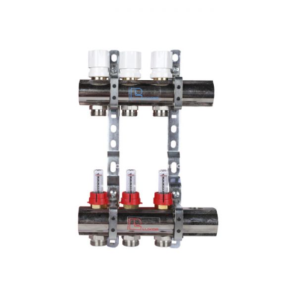 Распределительный коллектор (группа) с расходомерами Luxor 15662703N ВР 1", на 3 контура 3/4" EK, никелированный