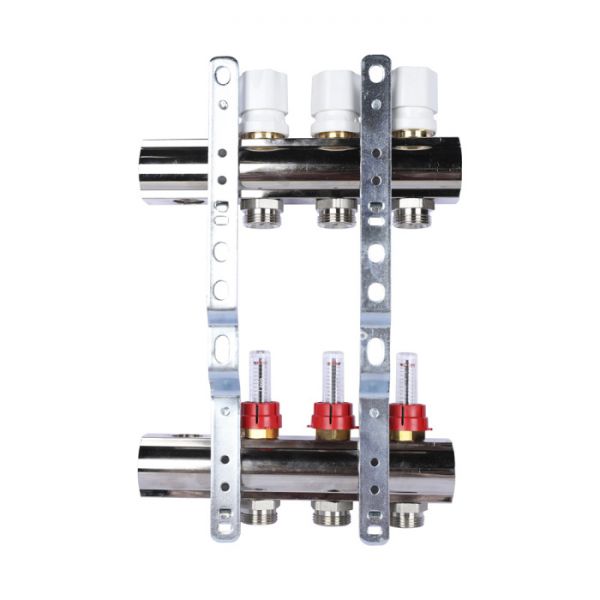 Распределительный коллектор (группа) с расходомерами Luxor 15662703N ВР 1", на 3 контура 3/4" EK, никелированный