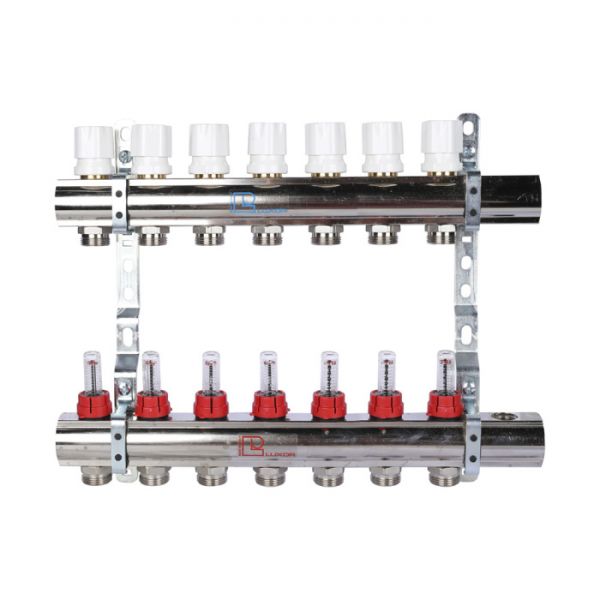 Распределительный коллектор (группа) с расходомерами Luxor 15662707N ВР 1", на 7 контуров 3/4" EK, никелированный