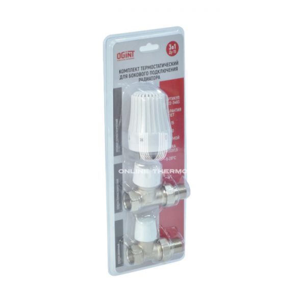 Комплект термостатический прямой с запорным клапаном и термоголовкой Ogint 1/2" ВР-НР, без преднастройки