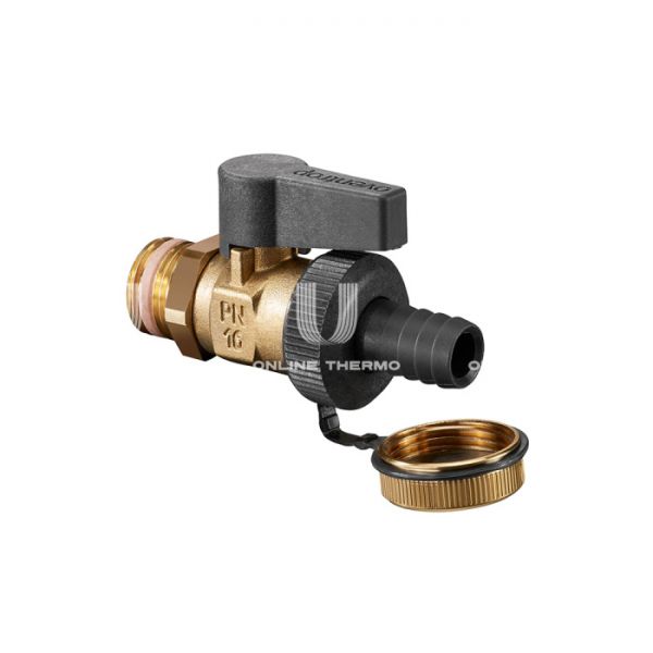 Кран шаровый дренажный со штуцером и заглушкой Oventrop Optiflex KFE 1033308, 1" НР-штуцер, ручка-флажок