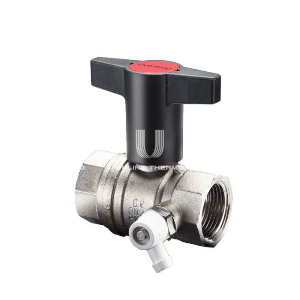 Кран шаровый Oventrop Optibal 1077804, 1/2" ВР-ВР, полнопроходной, ручка пластиковая удлиненная, со штуцером для слива 1/4"