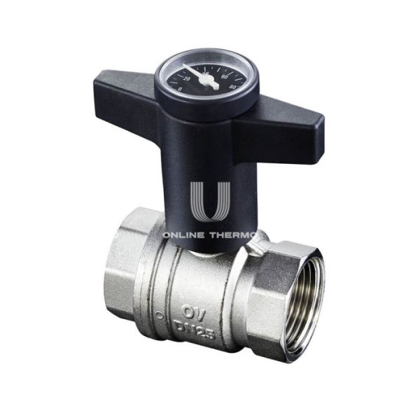 Кран шаровый Oventrop Optibal 1078006, 3/4" ВР-ВР, полнопроходной, с термометром, ручка пластиковая удлиненная