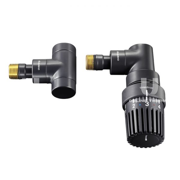 Термостатический клапан (терморегулятор) Oventrop 1163032, DN15, 1/2" ВР-НР, серия E, угловой, черный антрацит, с преднастройкой