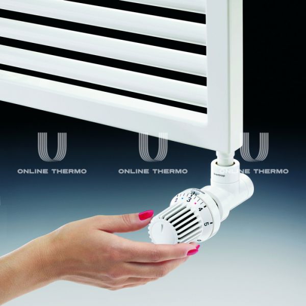 Термостатический клапан (терморегулятор) Oventrop 1163062, DN15, 1/2" ВР-НР, серия E, угловой, белый, с преднастройкой