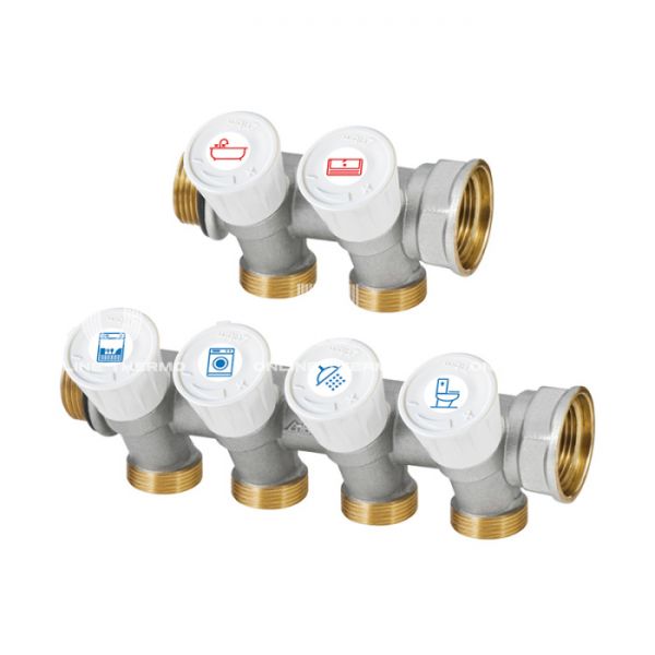 **Коллектор распределительный с запорными клапанами RBM 27940650, 1" ВР-НР, на 3 контура  1/2" НР, модульный