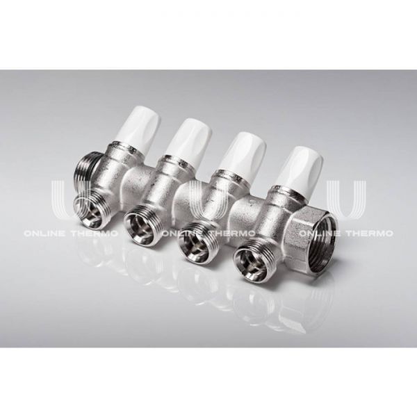 Коллектор распределительный с запорными клапанами Rehau Rautitan 11316471001, G1" ВР-НР, на 4 контура 3/4" НР, модульный, конусное соединение