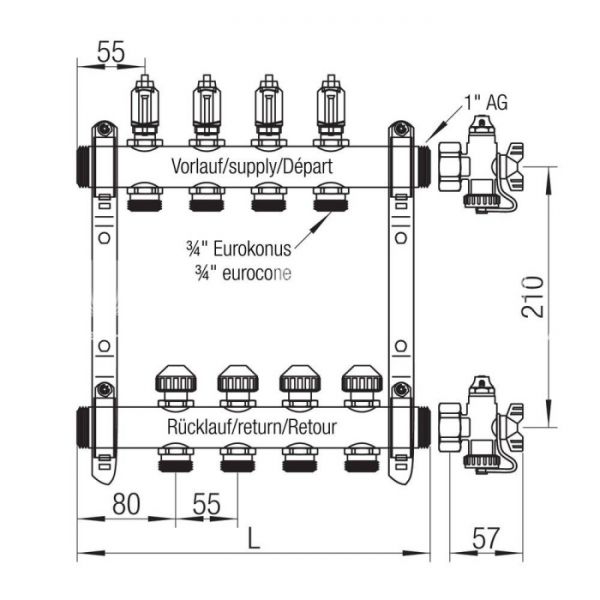 Распределительный коллектор (группа) с расходомерами Rehau HKV-D 12080711002 НР 1", на 7 контуров 3/4" EK, нержавеющая сталь, с концевыми группами