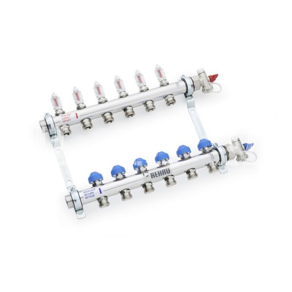 Распределительный коллектор (группа) с расходомерами Rehau HKV-D 12081011002 НР 1", на 10 контуров 3/4" EK, нержавеющая сталь, с концевыми группами