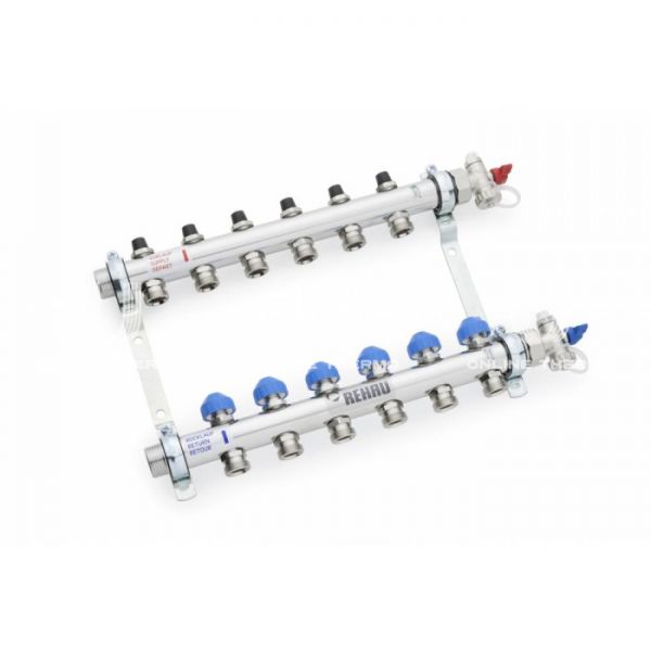 Распределительный коллектор (группа) для отопления Rehau HKV 12180811001 НР 1", на 8 контуров 3/4" EK, нержавеющая сталь, с концевыми группами