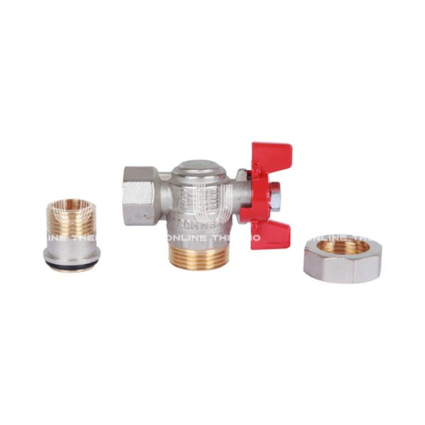 Кран шаровый угловой с разъемным соединением Rommer RBV-0006-0610215, 1/2" ВР-НР, стандартный, ручка-бабочка