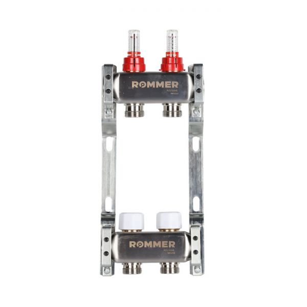 Распределительный коллектор (группа) с расходомерами Rommer RMS-1200-000002 ВР 1", на 2 контура 3/4" EK, нержавеющая сталь