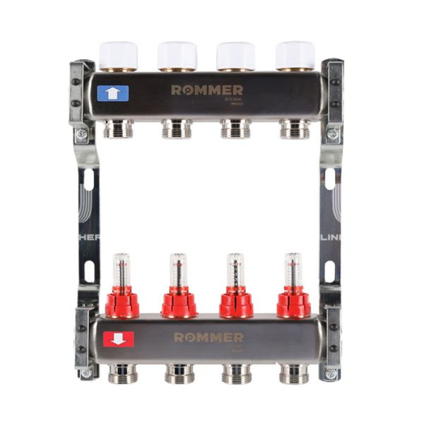 Распределительный коллектор (группа) с расходомерами Rommer RMS-1200-000004 ВР 1", на 4 контура 3/4" EK, нержавеющая сталь