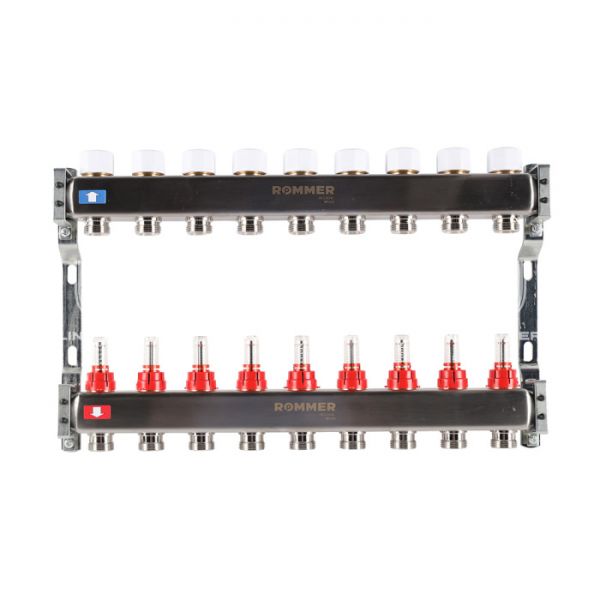 Распределительный коллектор (группа) с расходомерами Rommer RMS-1200-000009 ВР 1", на 9 контуров 3/4" EK, нержавеющая сталь