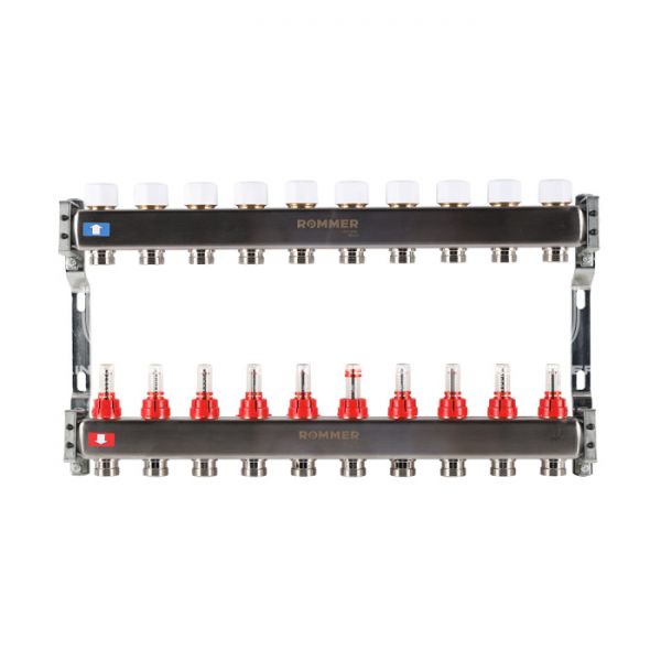 Распределительный коллектор (группа) с расходомерами Rommer RMS-1200-000010 ВР 1", на 10 контуров 3/4" EK, нержавеющая сталь