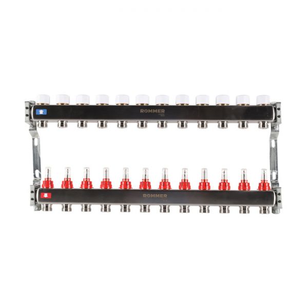 Распределительный коллектор (группа) с расходомерами Rommer RMS-1200-000012 ВР 1", на 12 контуров 3/4" EK, нержавеющая сталь