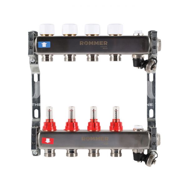 Распределительный коллектор (группа) с расходомерами Rommer RMS-1201-000004 ВР 1", на 4 контура 3/4" EK, нержавеющая сталь