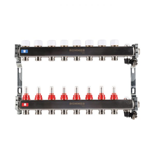 Распределительный коллектор (группа) с расходомерами Rommer RMS-1201-000008 ВР 1", на 8 контуров 3/4" EK, нержавеющая сталь