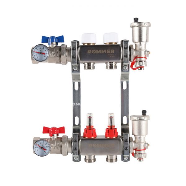 Распределительный коллектор (группа) с расходомерами Rommer RMS-1210-000002 ВР 1", на 2 контура 3/4" EK, нержавеющая сталь