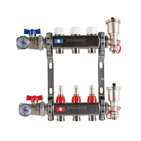 Распределительный коллектор (группа) с расходомерами Rommer RMS-1210-000003 ВР 1", на 3 контура 3/4" EK, нержавеющая сталь