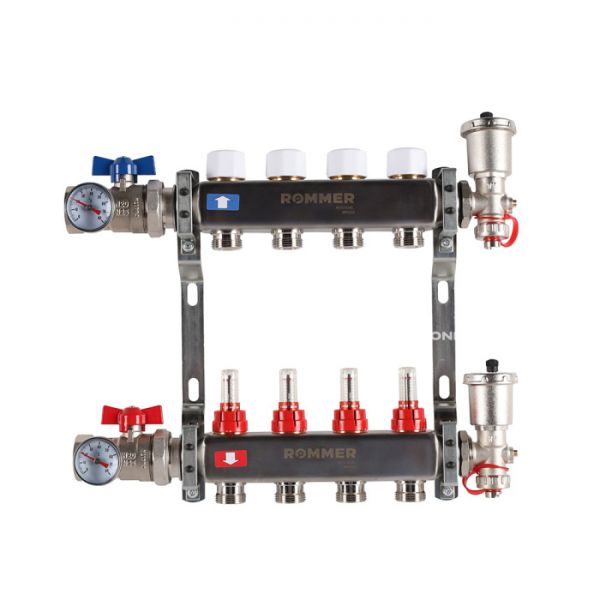 Распределительный коллектор (группа) с расходомерами Rommer RMS-1210-000004 ВР 1", на 4 контура 3/4" EK, нержавеющая сталь