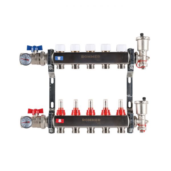 Распределительный коллектор (группа) с расходомерами Rommer RMS-1210-000005 ВР 1", на 5 контуров 3/4" EK, нержавеющая сталь