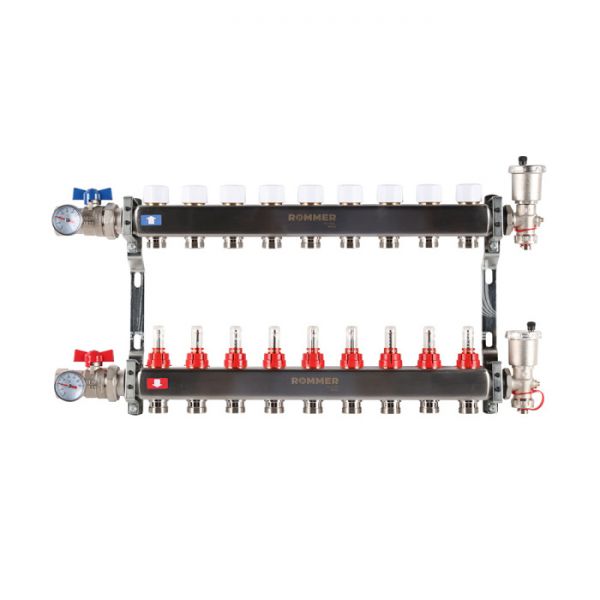 Распределительный коллектор (группа) с расходомерами Rommer RMS-1210-000009 ВР 1", на 9 контуров 3/4" EK, нержавеющая сталь