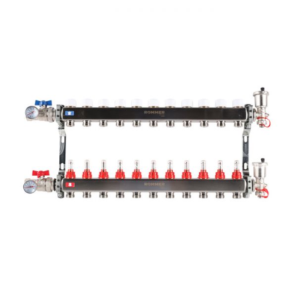 Распределительный коллектор (группа) с расходомерами Rommer RMS-1210-000011 ВР 1", на 11 контуров 3/4" EK, нержавеющая сталь