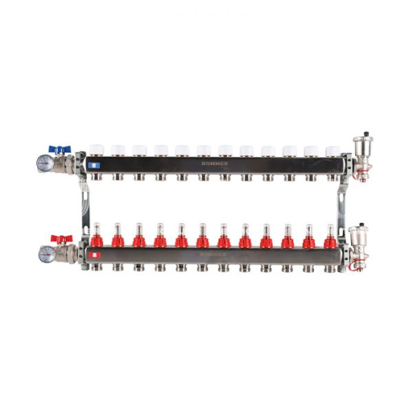 Распределительный коллектор (группа) с расходомерами Rommer RMS-1210-000012 ВР 1", на 12 контуров 3/4" EK, нержавеющая сталь