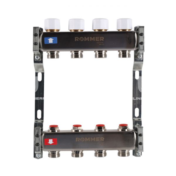 Распределительный коллектор (группа) для отопления Rommer RMS-3200-000004 ВР 1", на 4 контура 3/4" EK, нержавеющая сталь