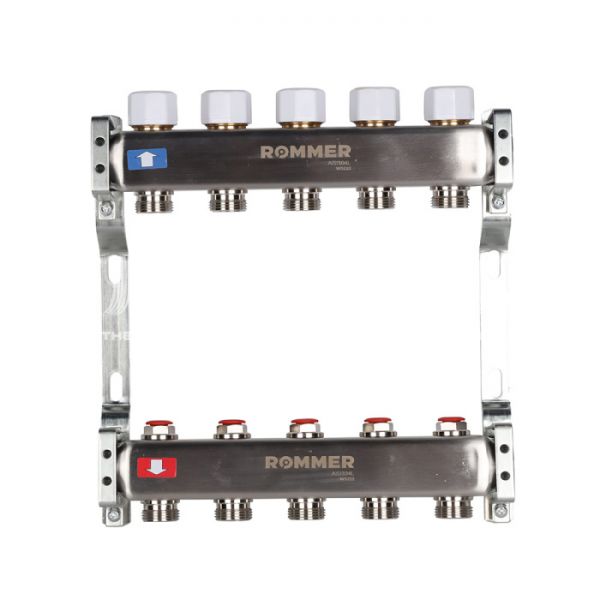 Распределительный коллектор (группа) для отопления Rommer RMS-3200-000005 ВР 1", на 5 контуров 3/4" EK, нержавеющая сталь