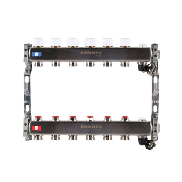 Распределительный коллектор (группа) для отопления Rommer RMS-3201-000006 ВР 1", на 6 контуров 3/4" EK, нержавеющая сталь