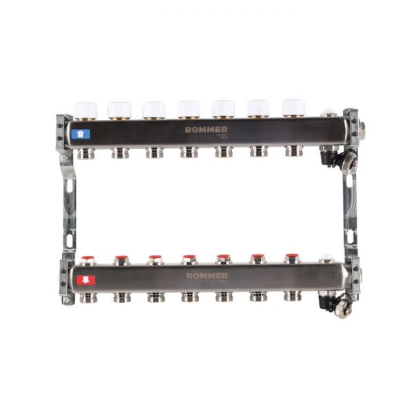 Распределительный коллектор (группа) для отопления Rommer RMS-3201-000007 ВР 1", на 7 контуров 3/4" EK, нержавеющая сталь