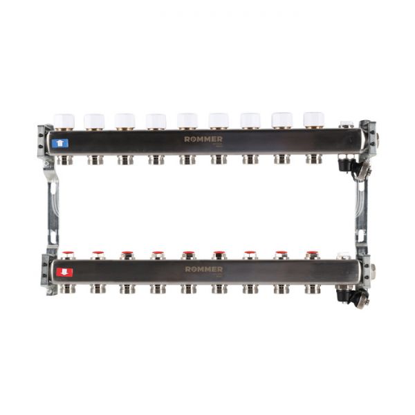 Распределительный коллектор (группа) для отопления Rommer RMS-3201-000009 ВР 1", на 9 контуров 3/4" EK, нержавеющая сталь
