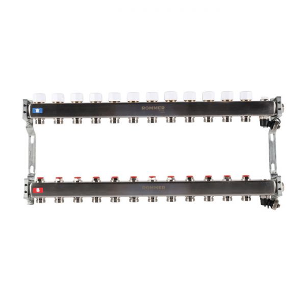 Распределительный коллектор (группа) для отопления Rommer RMS-3201-000012 ВР 1", на 12 контуров 3/4" EK, нержавеющая сталь