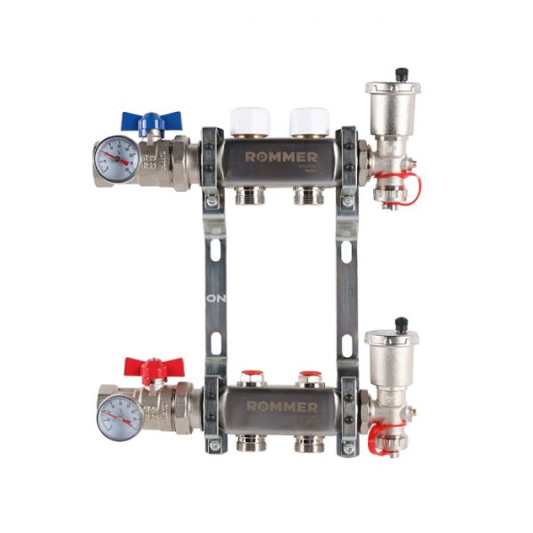 Распределительный коллектор (группа) для отопления Rommer RMS-3210-000002 ВР 1", на 2 контура 3/4" EK, нержавеющая сталь
