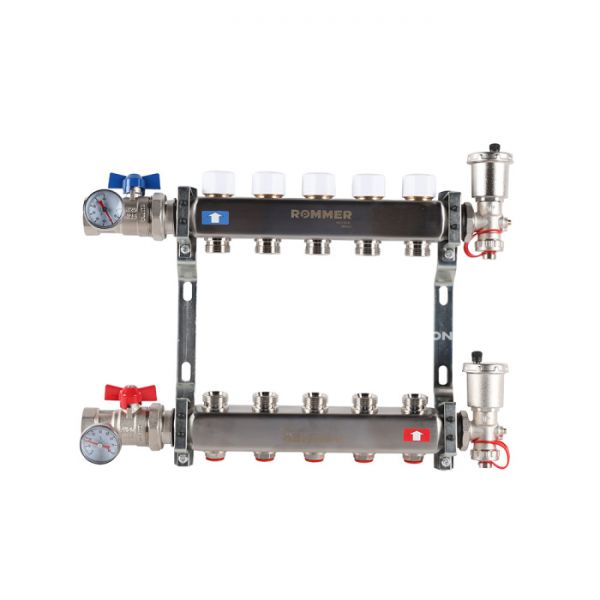 Распределительный коллектор (группа) для отопления Rommer RMS-3210-000005 ВР 1", на 5 контуров 3/4" EK, нержавеющая сталь