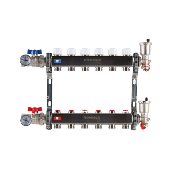 Распределительный коллектор (группа) для отопления Rommer RMS-3210-000006 ВР 1", на 6 контуров 3/4" EK, нержавеющая сталь