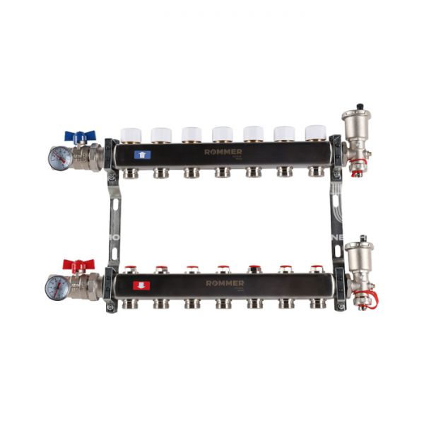Распределительный коллектор (группа) для отопления Rommer RMS-3210-000007 ВР 1", на 7 контуров 3/4" EK, нержавеющая сталь