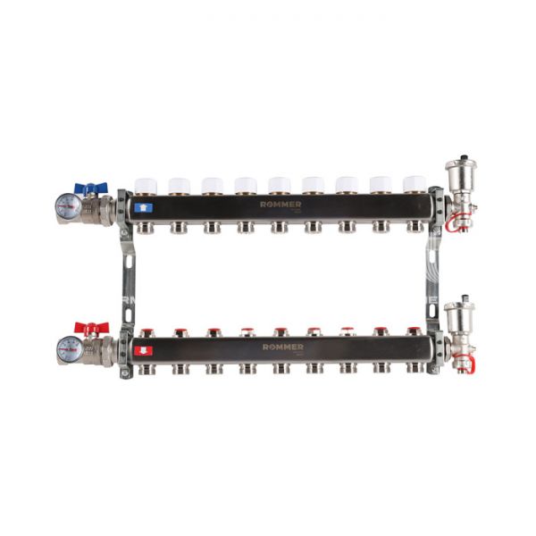 Распределительный коллектор (группа) для отопления Rommer RMS-3210-000009 ВР 1", на 9 контуров 3/4" EK, нержавеющая сталь
