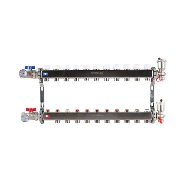 Распределительный коллектор (группа) для отопления Rommer RMS-3210-000011 ВР 1", на 11 контуров 3/4" EK, нержавеющая сталь