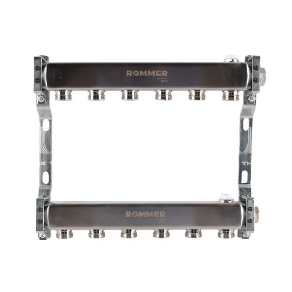 Распределительный коллектор (группа) для отопления Rommer RMS-4401-000006 ВР 1", на 6 контуров 3/4" EK, нержавеющая сталь, нерегулирующий